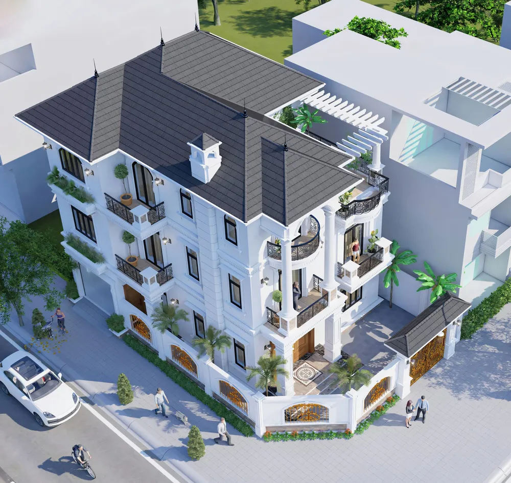 Phối cảnh 3D nhìn từ trên cao của biệt thự 3 tầng mái ngói xám