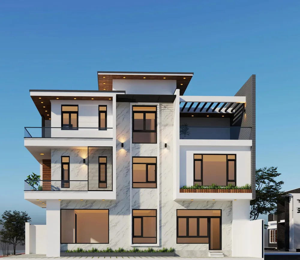 Phối cảnh nhà 3 tầng hiện đại, mặt tiền ốp đá vân trắng
