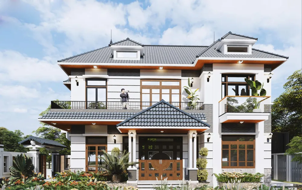 Phối cảnh biệt thự 2 tầng mái ngói, cửa gỗ và ban công