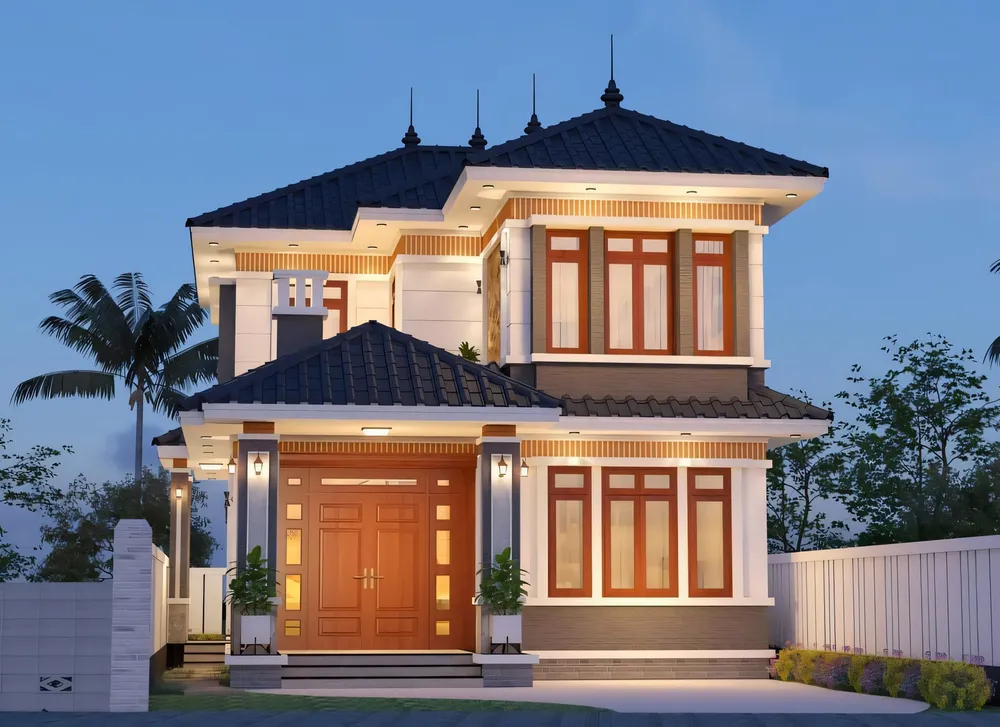 Phối cảnh nhà 2 tầng mái Thái, cửa chính gỗ