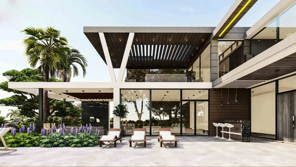 Phối cảnh hiên nghỉ và quầy bar ngoài trời của biệt thự hiện đại